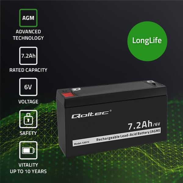 Qoltec AGM-batteri 6V 7,2Ah vedligeholdelsesfrit til legetøj og køretøjer