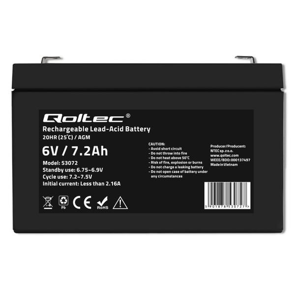 Qoltec AGM-batteri 6V 7,2Ah vedligeholdelsesfrit til legetøj og køretøjer