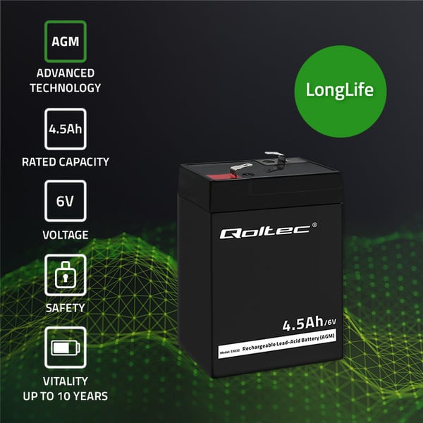 Qoltec AGM-batteri 6V 4,5Ah vedligeholdelsesfrit LongLife til UPS, vægte og kassekontrol