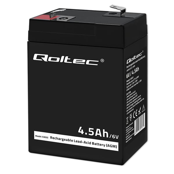 Qoltec AGM-batteri 6V 4,5Ah vedligeholdelsesfrit LongLife til UPS, vægte og kassekontrol