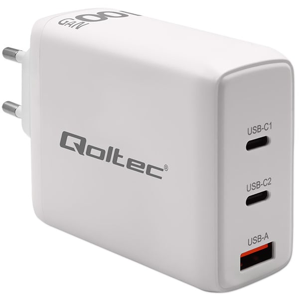 Qoltec 100W GaN väggadapter 5-20V 1.5-5A 2x USB-C PD 1x USB QC 3.0 vit