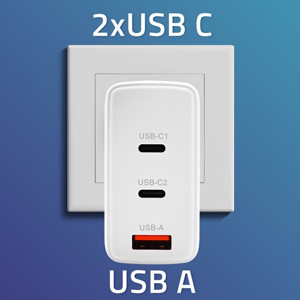 Qoltec 100W GaN väggadapter 5-20V 1.5-5A 2x USB-C PD 1x USB QC 3.0 vit