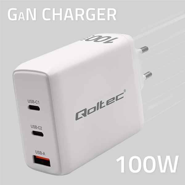 Qoltec 100W GaN väggadapter 5-20V 1.5-5A 2x USB-C PD 1x USB QC 3.0 vit