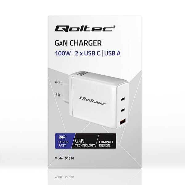 Qoltec 100W GaN väggadapter 5-20V 1.5-5A 2x USB-C PD 1x USB QC 3.0 vit