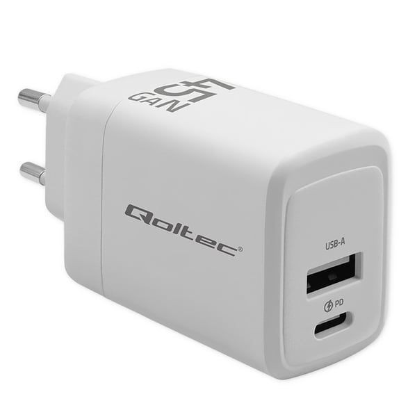 Qoltec 45W GaN vægglader 5-20V 1,5-3A USB-C PD og USB QC 3.0 hvid