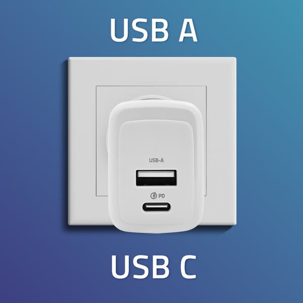 Qoltec 45W GaN vægglader 5-20V 1,5-3A USB-C PD og USB QC 3.0 hvid