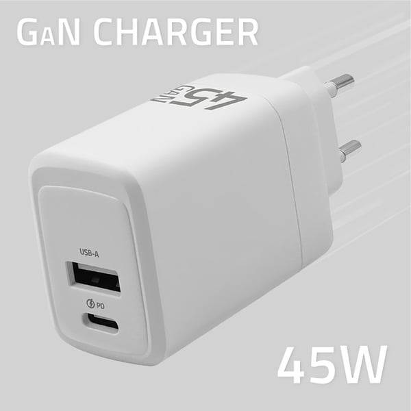 Qoltec 45W GaN vægglader 5-20V 1,5-3A USB-C PD og USB QC 3.0 hvid