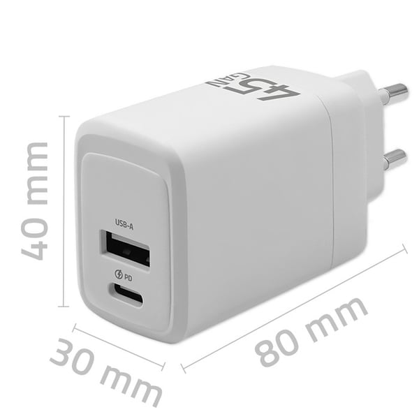 Qoltec 45W GaN vægglader 5-20V 1,5-3A USB-C PD og USB QC 3.0 hvid