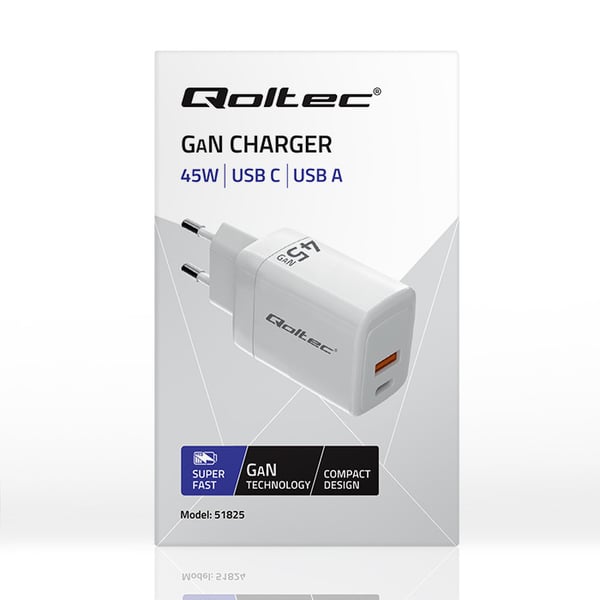 Qoltec 45W GaN vægglader 5-20V 1,5-3A USB-C PD og USB QC 3.0 hvid
