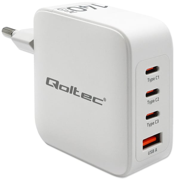 Qoltec 140W GaN väggadapter 5-20V 2.5-5A 3x USB-C PD 1x USB QC 3.0 vit