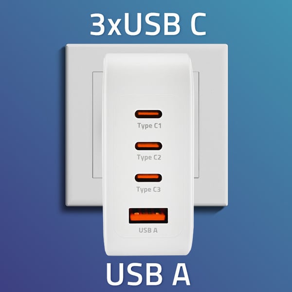 Qoltec 140W GaN väggadapter 5-20V 2.5-5A 3x USB-C PD 1x USB QC 3.0 vit