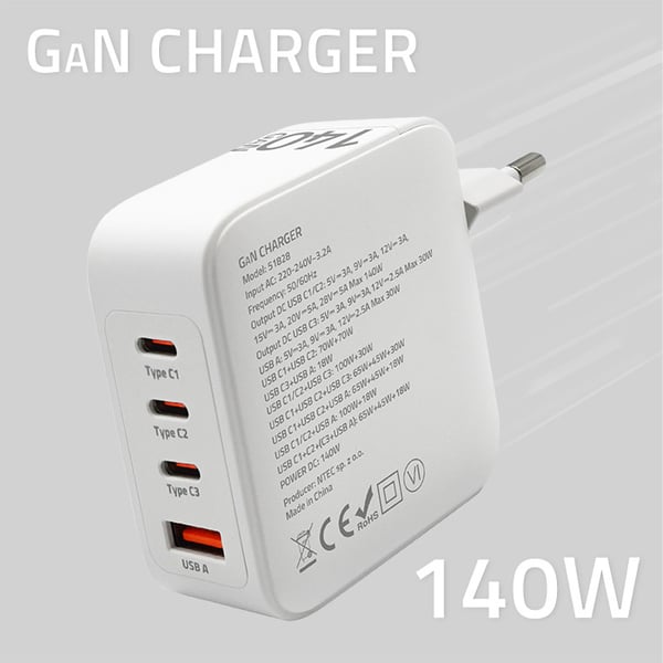 Qoltec 140W GaN väggadapter 5-20V 2.5-5A 3x USB-C PD 1x USB QC 3.0 vit