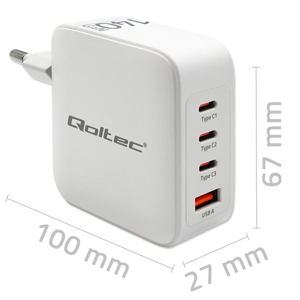 Qoltec 140W GaN väggadapter 5-20V 2.5-5A 3x USB-C PD 1x USB QC 3.0 vit