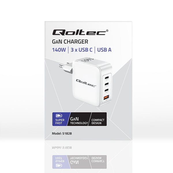 Qoltec 140W GaN väggadapter 5-20V 2.5-5A 3x USB-C PD 1x USB QC 3.0 vit
