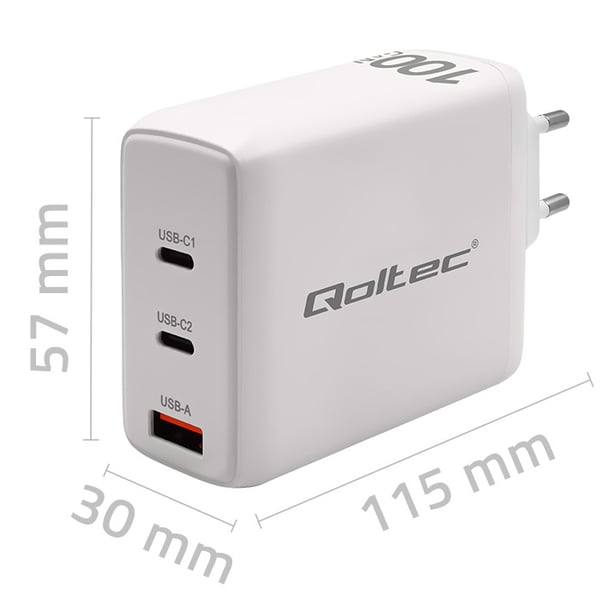 Qoltec 100W GaN väggadapter 5-20V 1.5-5A 2x USB-C PD 1x USB QC 3.0 vit