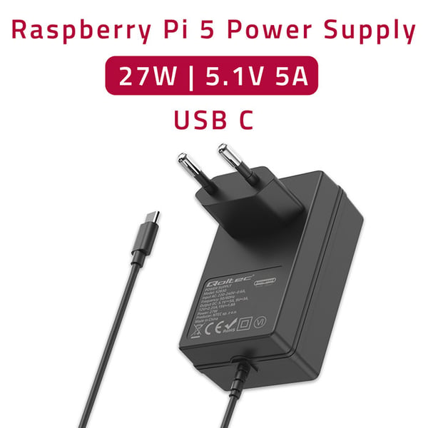 Qoltec superhastig PD-oplader til Raspberry PI 5, USB-C, 27W, 5,1V, 5A, sort