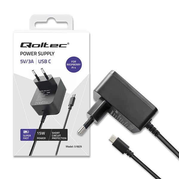 Qoltec superhurti PD-oplader til Raspberry PI 4 USB-C 15W 5V 3A sort