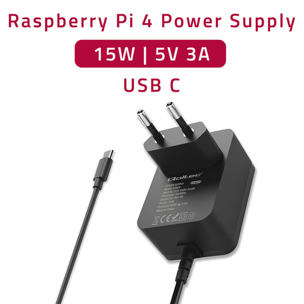 Qoltec superhurti PD-oplader til Raspberry PI 4 USB-C 15W 5V 3A sort