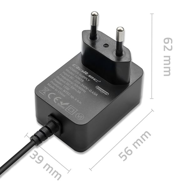 Qoltec superhurti PD-oplader til Raspberry PI 4 USB-C 15W 5V 3A sort