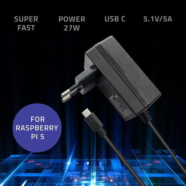 Qoltec superhastig PD-oplader til Raspberry PI 5, USB-C, 27W, 5,1V, 5A, sort