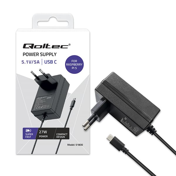 Qoltec superhastig PD-oplader til Raspberry PI 5, USB-C, 27W, 5,1V, 5A, sort