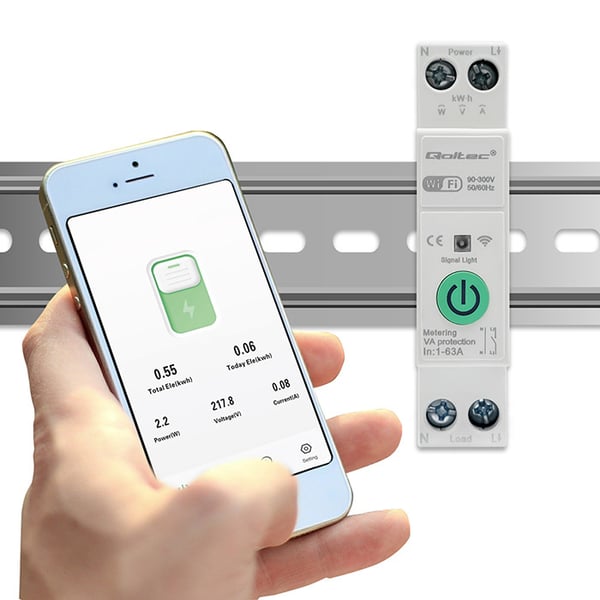 Qoltec 63A DIN-skinnerelæ med elmåler, TUYA, Wi-Fi og Smart Life
