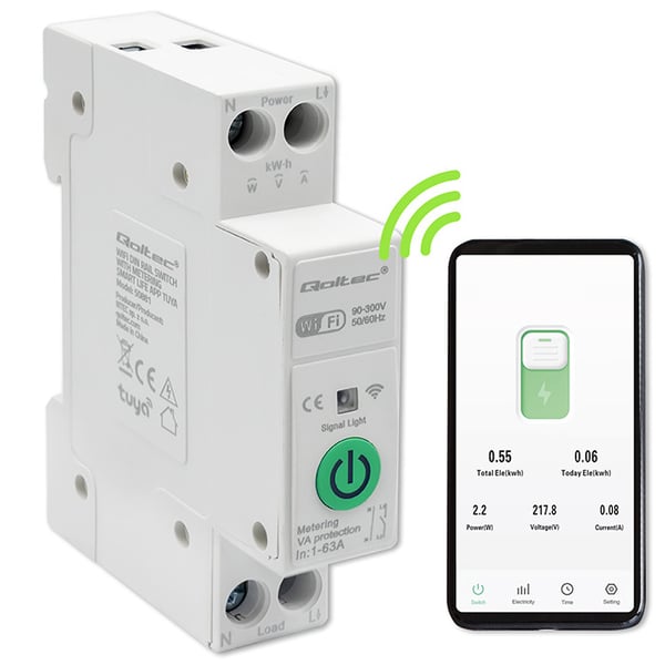 Qoltec 63A DIN-skinnerelæ med elmåler, TUYA, Wi-Fi og Smart Life