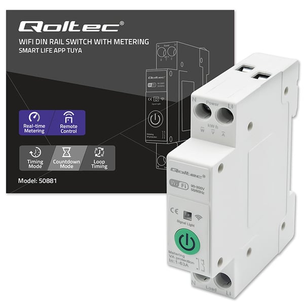 Qoltec 63A DIN-skinnerelæ med elmåler, TUYA, Wi-Fi og Smart Life