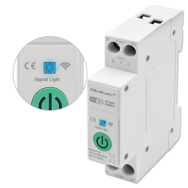 Qoltec 63A DIN-skinnerelæ med elmåler, TUYA, Wi-Fi og Smart Life