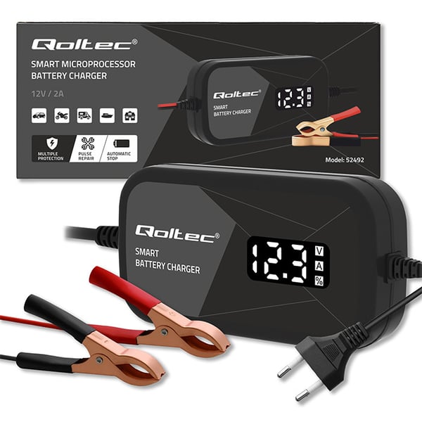 Qoltec Älykäs Mikroprosessori Laturi 12V | 2A | AGM-geeliakkujen Laturi | LCD