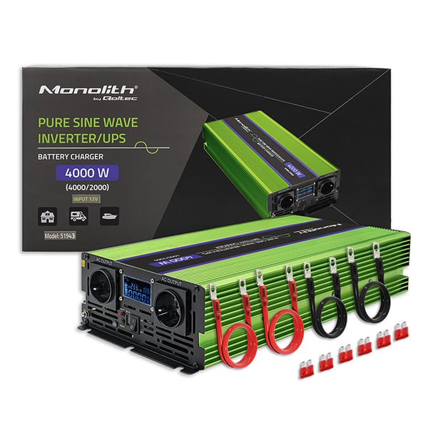 Qoltec Monolith spændingsomformer batterilader UPS 2000W 4000W 12V til 230V ren sinus LCD