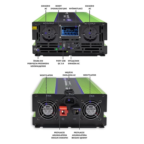 Qoltec Monolith spændingsomformer batterilader UPS 2000W 4000W 12V til 230V ren sinus LCD