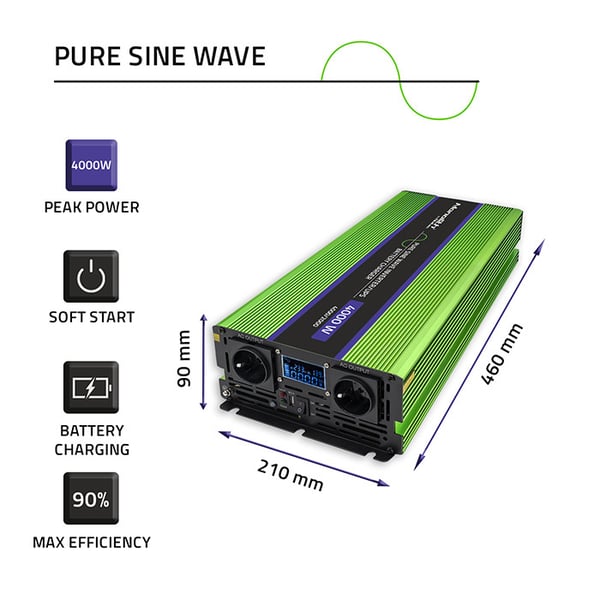 Qoltec Monolith spændingsomformer batterilader UPS 2000W 4000W 12V til 230V ren sinus LCD