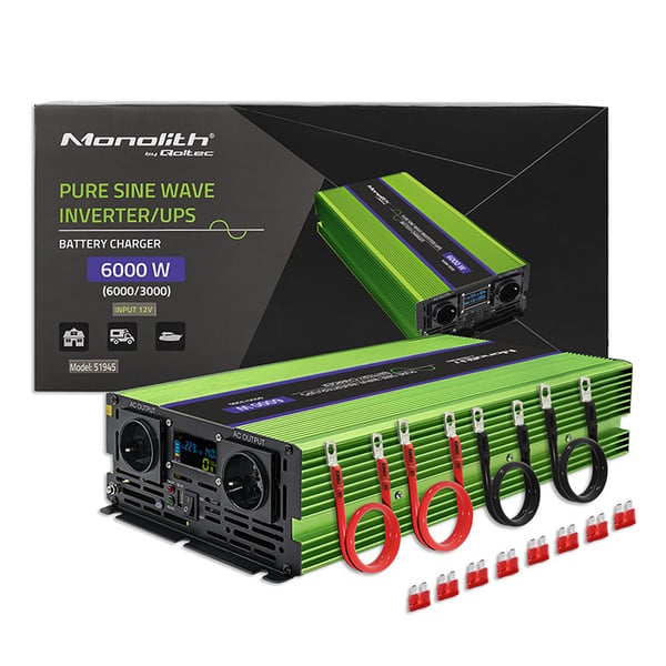 Qoltec Monolith -jännitemuunnin | Akun lataus | UPS | 3000 W | 6000 W | 12 V - 230 V | Puhdas siniaalto | LCD