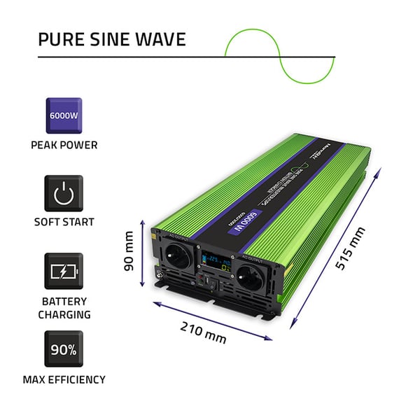 Qoltec Monolith spänningsomvandlare 3000W 6000W 12V till 230V ren sinus LCD batteriladdning UPS
