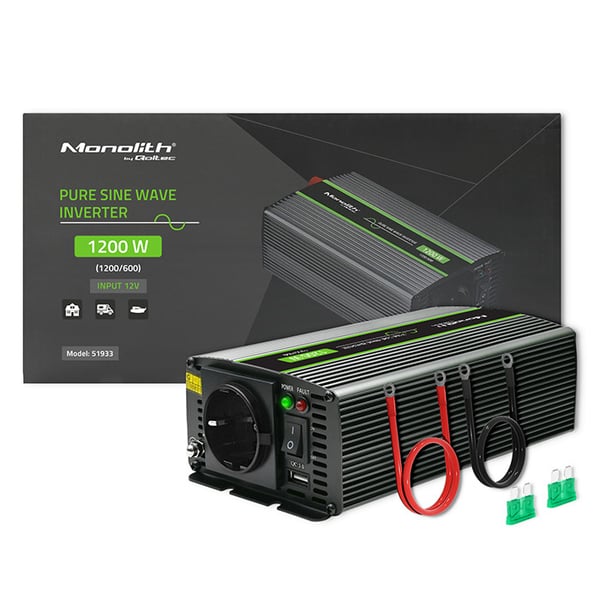 Qoltec Monolith -jännitemuunnin | 600 W | 1200 W | 12 V - 230 V | Puhdas sinusjännitteinen