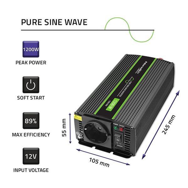 Qoltec Monolith -jännitemuunnin | 600 W | 1200 W | 12 V - 230 V | Puhdas sinusjännitteinen