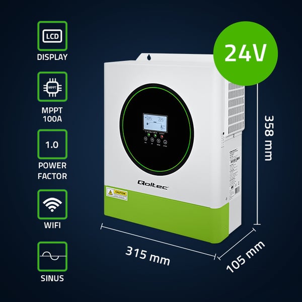 Qoltec hybrid off-grid solcelleinverter 3500W 100A 24V MPPT BMS Wi-Fi sinusbølge effektfaktor 1.0