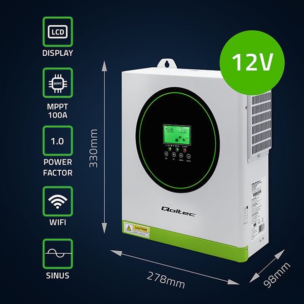 Qoltec hybrid solcelleomformer til off-grid-drift 1500W 100A 12V MPPT sinusbølge Wi-Fi effektfaktor 1.0