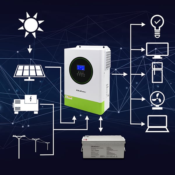 Qoltec Modulaarinen Hybridi Off-Grid Aurinkoinvertteri 6200W | 120A | 48V | MPPT | Jopa 12 yksikköä | BMS | Sinus | Wi-Fi-vaihtoehto | Tehokerroin 1.0