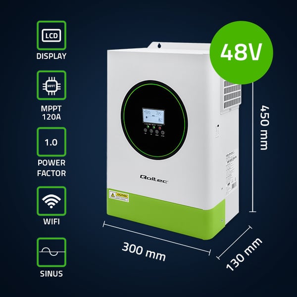 Qoltec Hybrid Off-Grid Aurinkoinvertteri 6200W | 120A | 48V | MPPT | BMS | Sinus | Wi-Fi-vaihtoehto | Tehokerroin 1.0