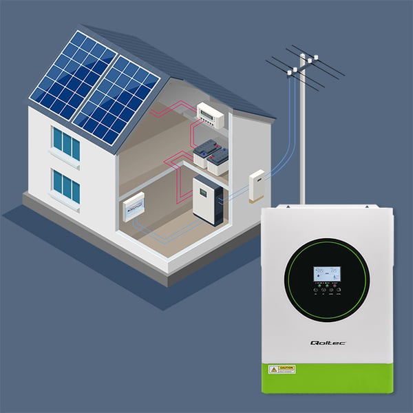 Qoltec Hybrid Off-Grid Aurinkoinvertteri 6200W | 120A | 48V | MPPT | BMS | Sinus | Wi-Fi-vaihtoehto | Tehokerroin 1.0