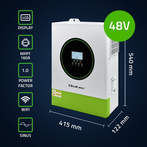 Qoltec Hybrid Off-Grid Aurinkoinvertteri 11000W | 160A | 48V | MPPT | BMS | Sinus | Wi-Fi-vaihtoehto | Tehokerroin 1.0