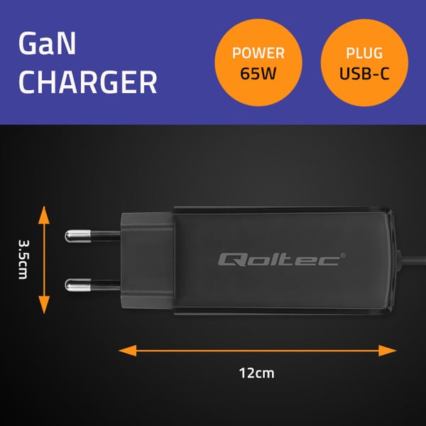 Qoltec 65W GaN superhurti vægglader 5-20V 3-3.25A USB 3.1 til bærbar, smartphone og tablet