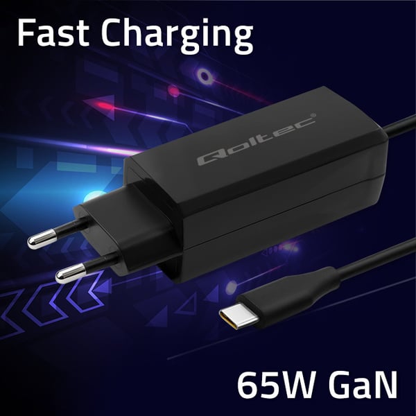 Qoltec 65W GaN superhurti vægglader 5-20V 3-3.25A USB 3.1 til bærbar, smartphone og tablet