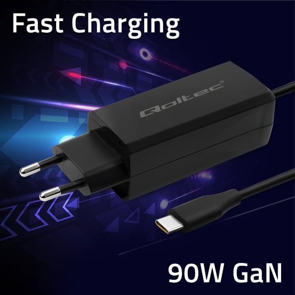 Qoltec 90W GaN supersnabb väggladdar USB-C 3.1 5-20V 3-4.5A bärbar dator smartphone surfplatta