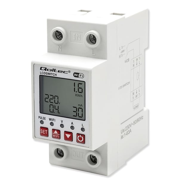 Qoltec 63A DIN-skinnerelæ med elmåler, timer, Tuya og Wi-Fi