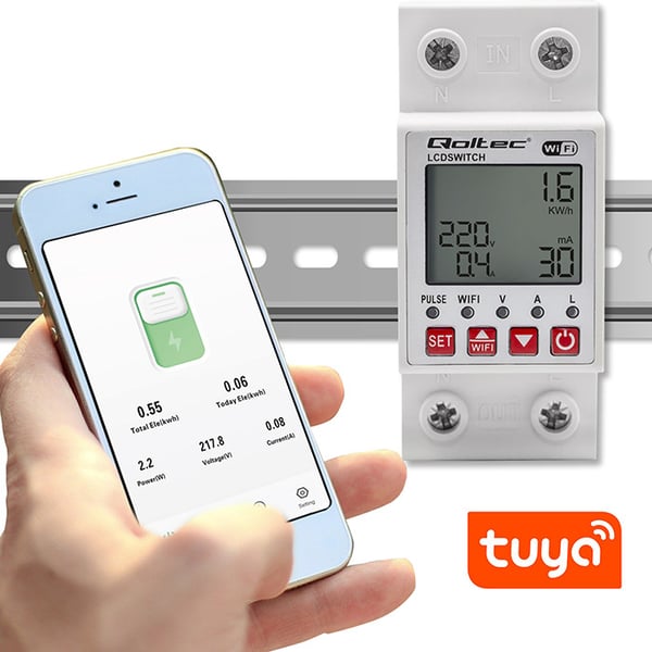 Qoltec 63A DIN-skinnerelæ med elmåler, timer, Tuya og Wi-Fi