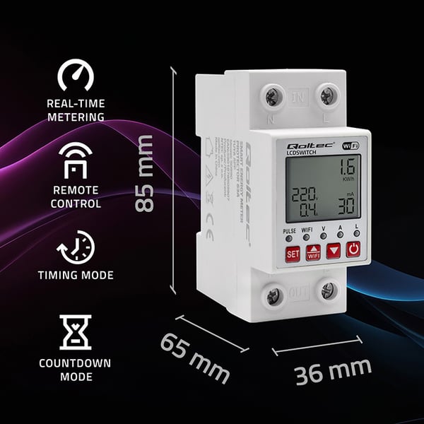 Qoltec 63A DIN-skinnerelæ med elmåler, timer, Tuya og Wi-Fi