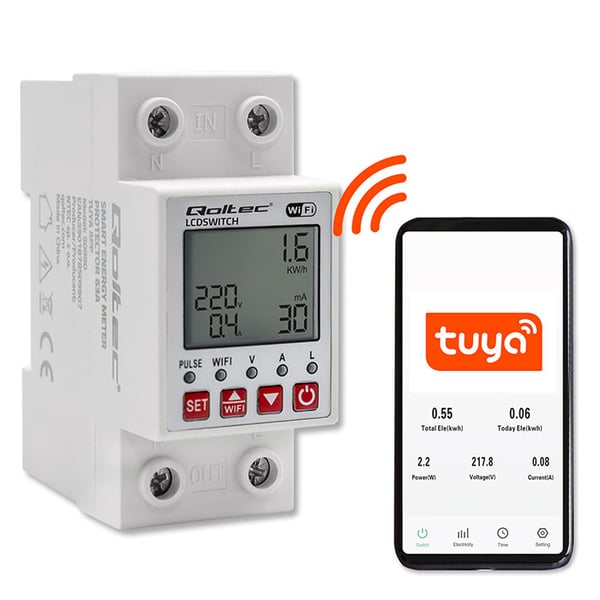 Qoltec 63A DIN-skinnerelæ med elmåler, timer, Tuya og Wi-Fi